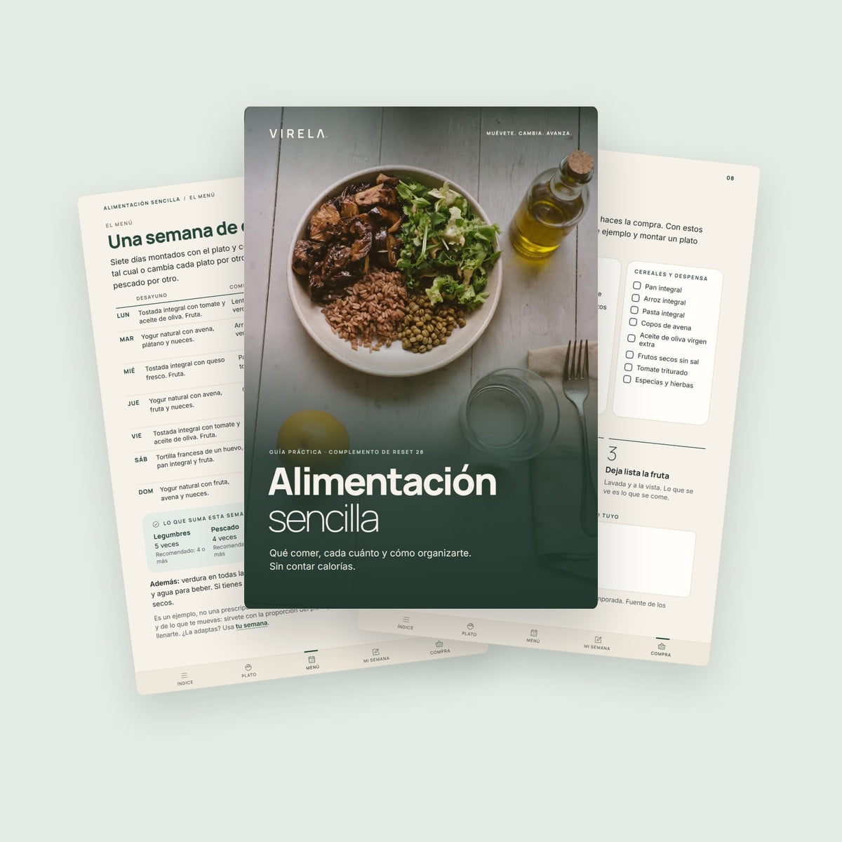 Portada de Alimentación sencilla con dos páginas interiores: el menú de siete días y la lista de la compra