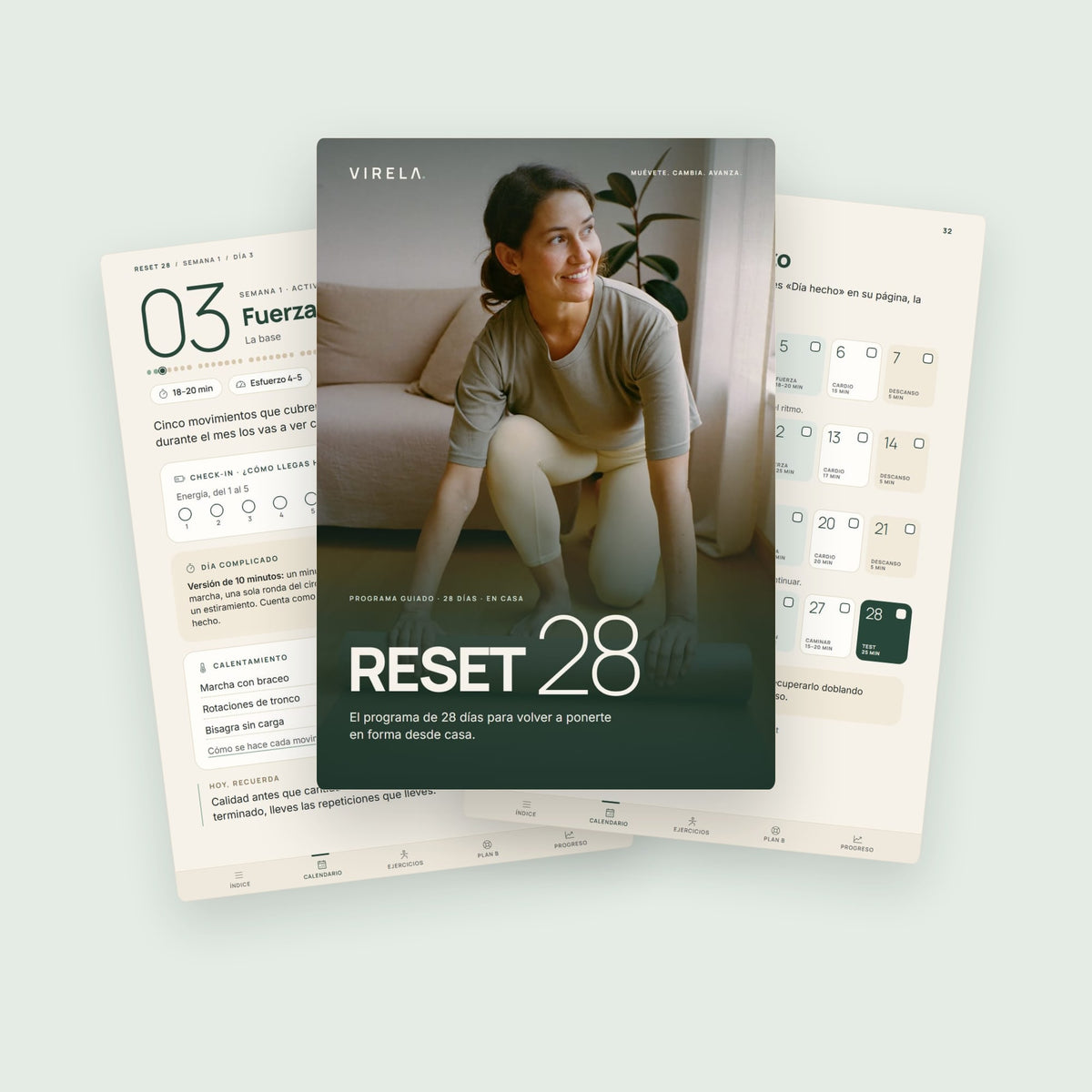 Portada de RESET 28 con dos páginas interiores: un día de entrenamiento y el calendario de 28 días